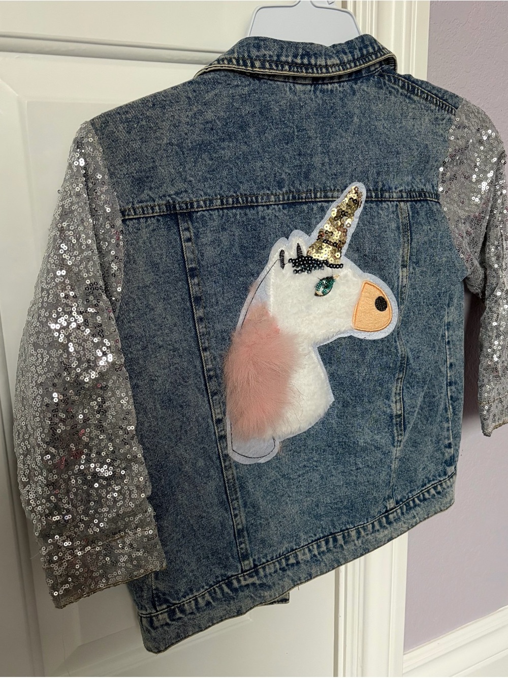 Girls' Blue Denim Unicorn Jacket with Silver Sequin Sleeves